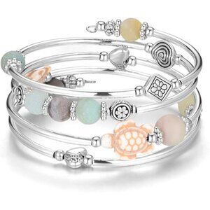 17-Amazon Green Turtle Bracelet Layered Wrap Bangle Bead Bracelet w/ Agate Stone